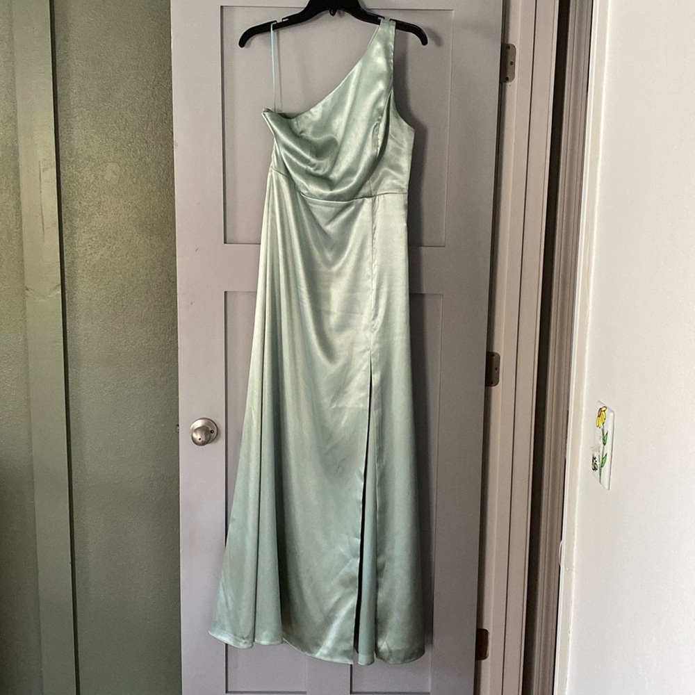 Birdy Grey One Shoulder Dress in Shiny Satin Sage